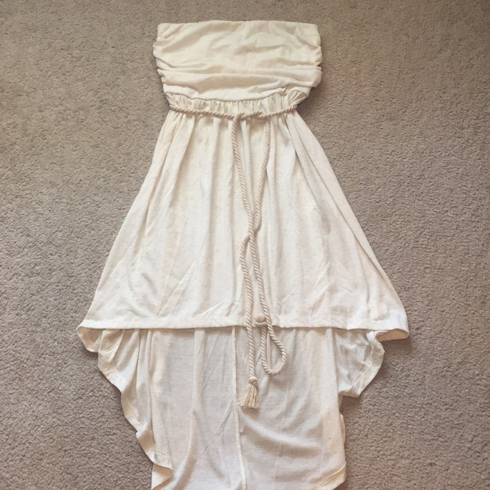 High-Low Cream Strapless Dress with Rope Waist Tie